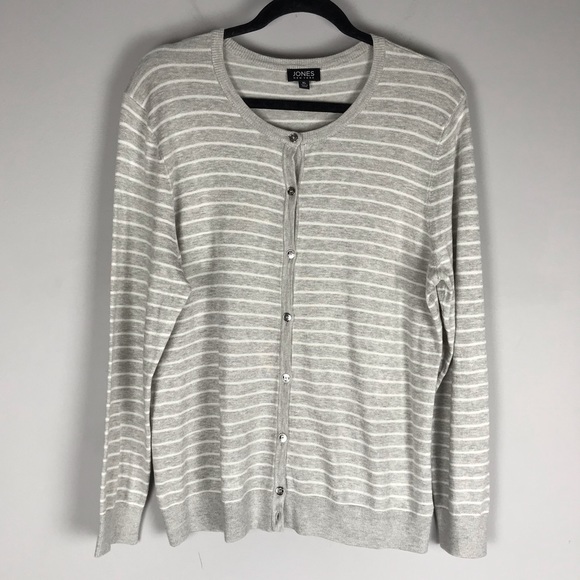 Jones Ny striped cardigan sweater grey crew neck - Picture 2 of 11